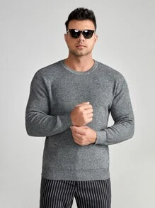 Manfinity Men Plus Ribbed Knit Round Neck Sweater, For Fall Winter - Grey - View 1