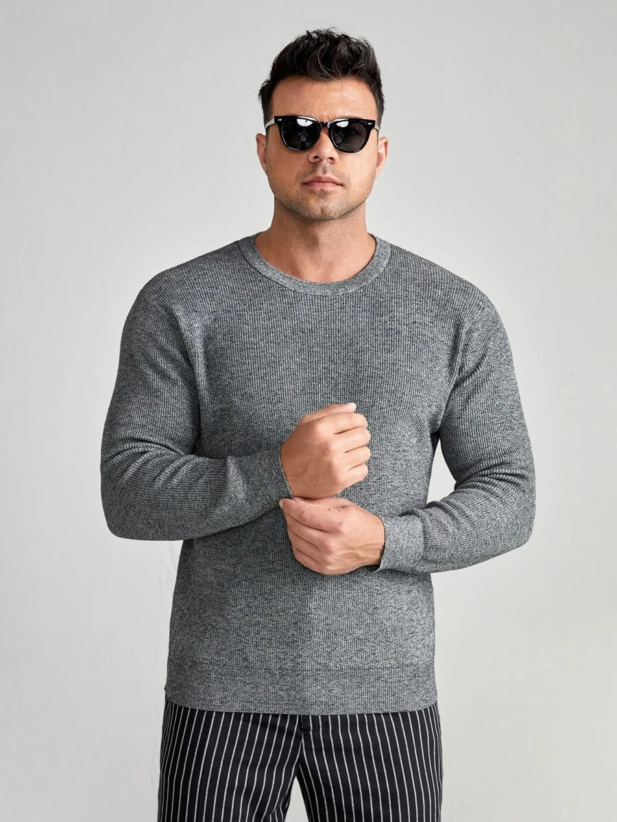 Manfinity Men Plus Ribbed Knit Round Neck Sweater, For Fall Winter - Grey - View 1