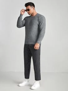 Manfinity Men Plus Ribbed Knit Round Neck Sweater, For Fall Winter - Grey - View 3