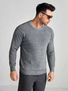 Manfinity Men Plus Ribbed Knit Round Neck Sweater, For Fall Winter - Grey - View 4