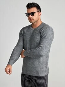 Manfinity Men Plus Ribbed Knit Round Neck Sweater, For Fall Winter - Grey - View 5