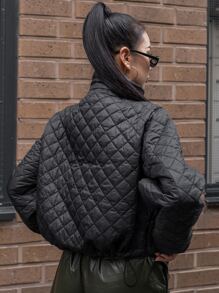 SHEIN COLDBREAK Double Breasted Flap Pockets Quilted Coat - Black - View 12