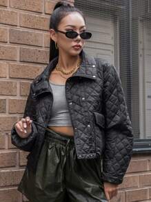 SHEIN COLDBREAK Double Breasted Flap Pockets Quilted Coat - Black - View 11