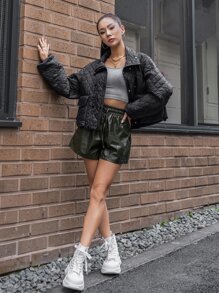 SHEIN COLDBREAK Double Breasted Flap Pockets Quilted Coat - Black - View 10