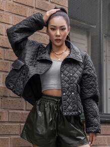 SHEIN COLDBREAK Double Breasted Flap Pockets Quilted Coat - Black - View 9