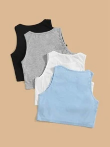 SHEIN Tween Girl 4pcs White/Grey/Black/Blue Solid Color All-Match Tank Tops Set - Multicolor - View 2