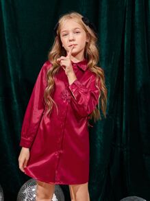 SHEIN Girls Cut Out Shirt Dress - Rose Red - View 3