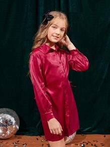 SHEIN Girls Cut Out Shirt Dress - Rose Red - View 4