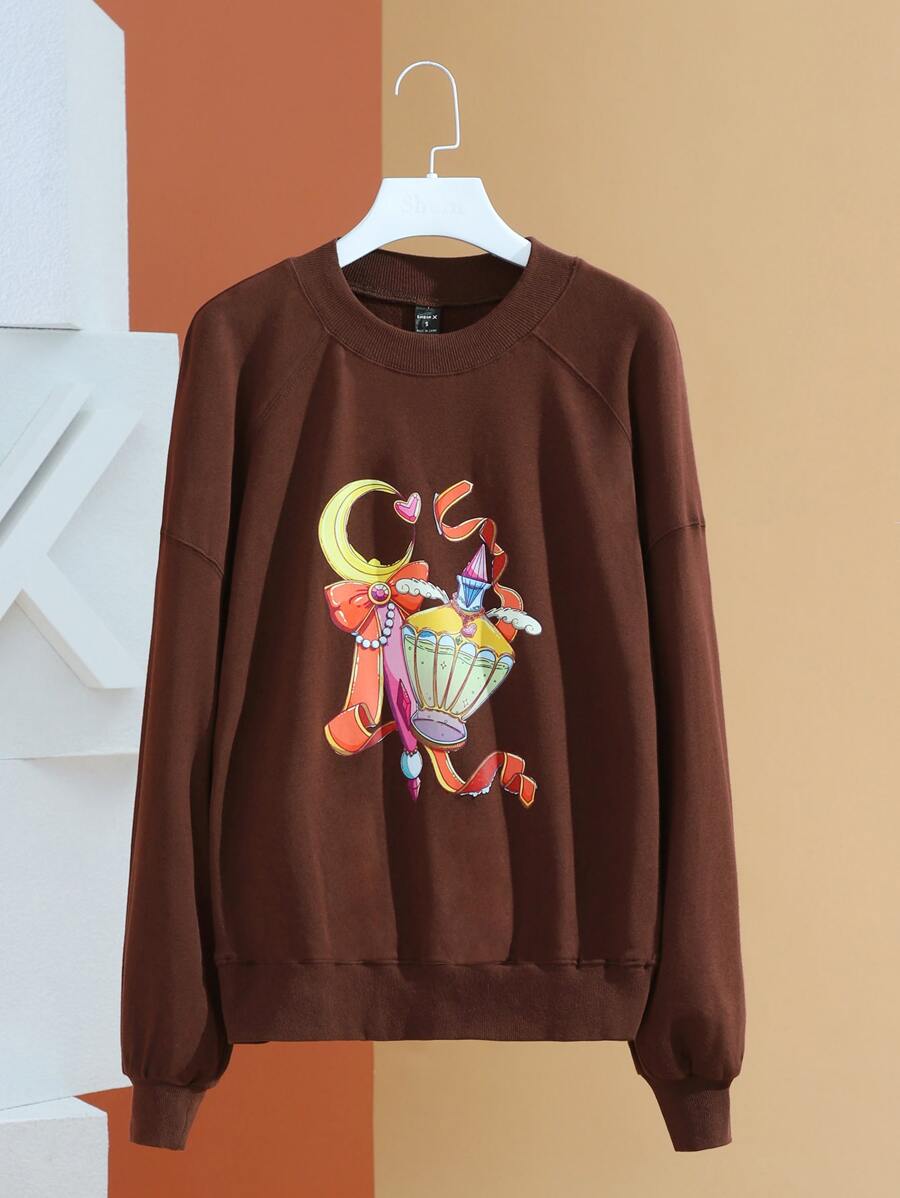 CrescentMoonArchives Drop Shoulder Graphic Print Pullover - Chocolate Brown - View 1
