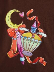 CrescentMoonArchives Drop Shoulder Graphic Print Pullover - Chocolate Brown - View 5