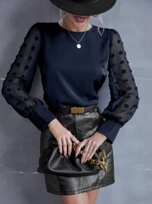 SHEIN LUNE 素色圓點燈籠袖襯衫 - 藏蓝色 - 查看 1