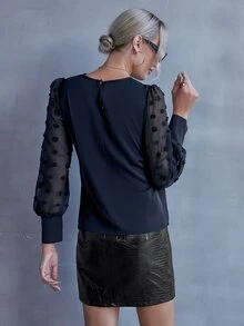 SHEIN LUNE 素色圓點燈籠袖襯衫 - 藏蓝色 - 查看 2