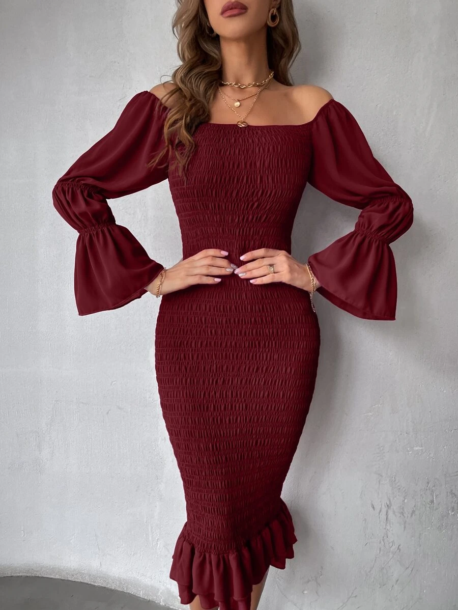 Modelyn 收褶袖打褶魚尾裙下擺雪紡連衣裙 - 酒紅色 - 查看 1