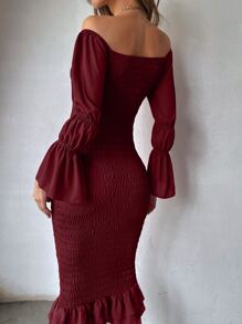 Modelyn 收褶袖打褶魚尾裙下擺雪紡連衣裙 - 酒紅色 - 查看 2