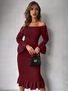 Modelyn 收褶袖打褶魚尾裙下擺雪紡連衣裙 - 酒紅色 - 查看 3