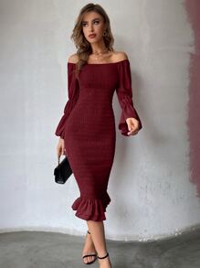 Modelyn 收褶袖打褶魚尾裙下擺雪紡連衣裙 - 酒紅色 - 查看 4