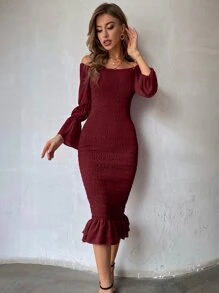 Modelyn 收褶袖打褶魚尾裙下擺雪紡連衣裙 - 酒紅色 - 查看 5