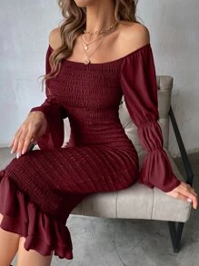 Modelyn 收褶袖打褶魚尾裙下擺雪紡連衣裙 - 酒紅色 - 查看 6