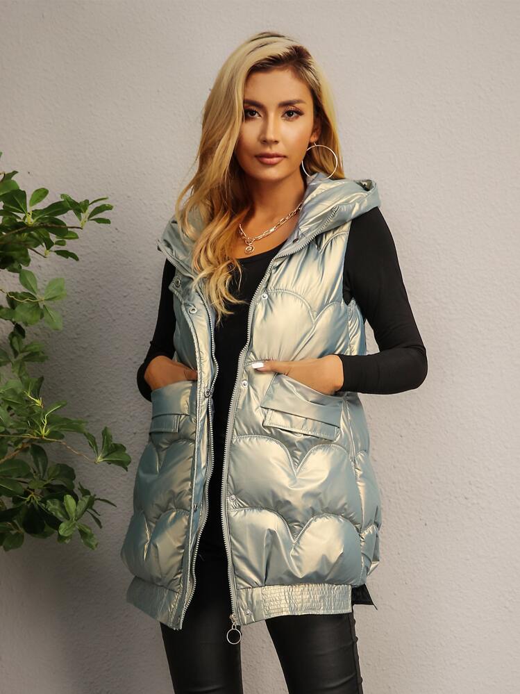 Sleeveless Patent Hooded Padded Coat - Silver - View 1