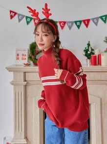 DAZY 條紋圖案高領落肩袖套頭毛衣 - 紅色 - 查看 1