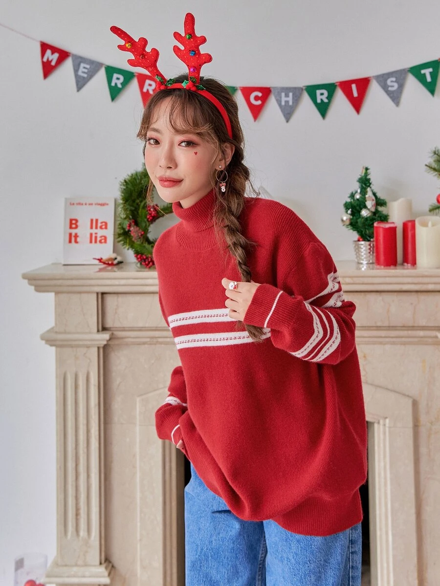 DAZY 條紋圖案高領落肩袖套頭毛衣 - 紅色 - 查看 1