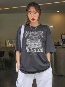 DAZY 標語和 House 印花落肩 T 卹 - 深灰色 - 查看 1