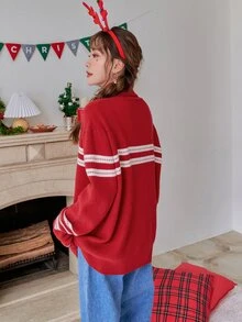 DAZY 條紋圖案高領落肩袖套頭毛衣 - 紅色 - 查看 2