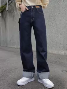 DAZY Vaqueros De Pierna Ancha Con Dobladillo Deshilachado Y Detalles Parcheados De Cintura Alta - Azul Marino - Ver 1