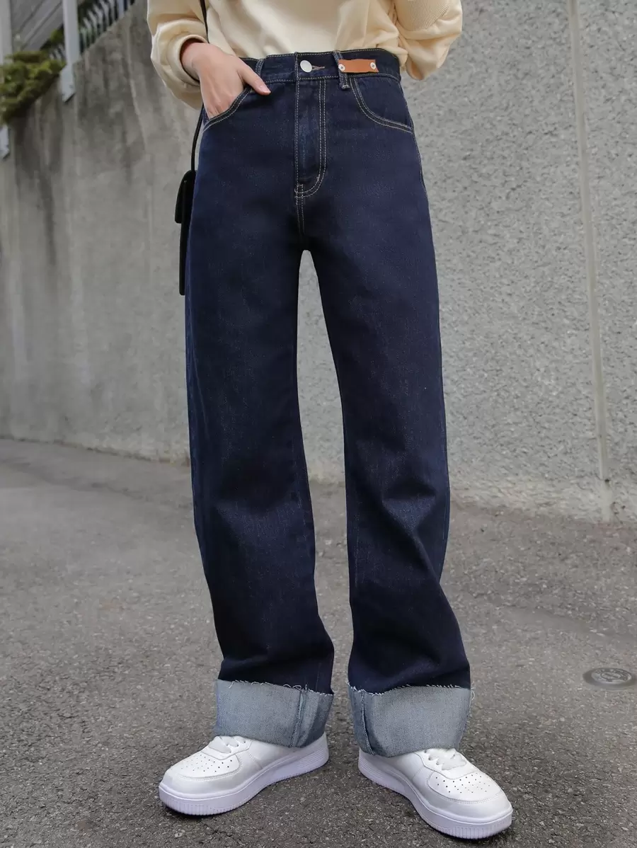 DAZY Vaqueros De Pierna Ancha Con Dobladillo Deshilachado Y Detalles Parcheados De Cintura Alta - Azul Marino - Ver 1