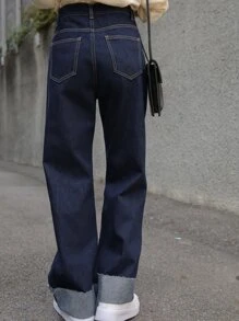 DAZY Vaqueros De Pierna Ancha Con Dobladillo Deshilachado Y Detalles Parcheados De Cintura Alta - Azul Marino - Ver 2