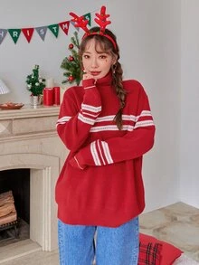 DAZY 條紋圖案高領落肩袖套頭毛衣 - 紅色 - 查看 3