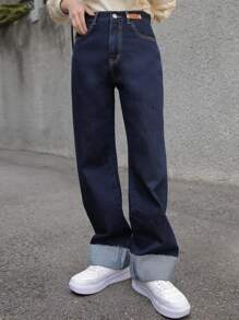 DAZY Vaqueros De Pierna Ancha Con Dobladillo Deshilachado Y Detalles Parcheados De Cintura Alta - Azul Marino - Ver 3