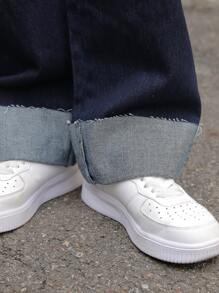 DAZY Vaqueros De Pierna Ancha Con Dobladillo Deshilachado Y Detalles Parcheados De Cintura Alta - Azul Marino - Ver 4