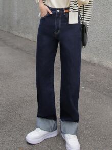 DAZY Vaqueros De Pierna Ancha Con Dobladillo Deshilachado Y Detalles Parcheados De Cintura Alta - Azul Marino - Ver 5