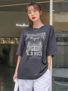 DAZY 標語和 House 印花落肩 T 卹 - 深灰色 - 查看 3