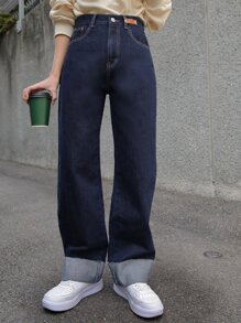 DAZY Vaqueros De Pierna Ancha Con Dobladillo Deshilachado Y Detalles Parcheados De Cintura Alta - Azul Marino - Ver 6