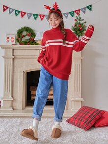 DAZY 條紋圖案高領落肩袖套頭毛衣 - 紅色 - 查看 4