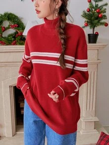 DAZY 條紋圖案高領落肩袖套頭毛衣 - 紅色 - 查看 5