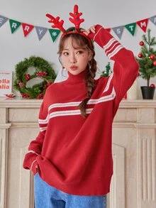 DAZY 條紋圖案高領落肩袖套頭毛衣 - 紅色 - 查看 6