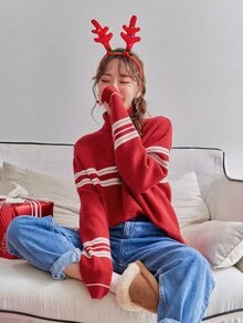 DAZY 條紋圖案高領落肩袖套頭毛衣 - 紅色 - 查看 7