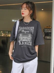 DAZY 標語和 House 印花落肩 T 卹 - 深灰色 - 查看 4