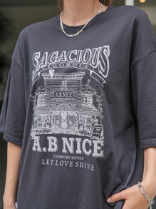 DAZY 標語和 House 印花落肩 T 卹 - 深灰色 - 查看 5