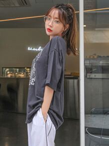 DAZY 標語和 House 印花落肩 T 卹 - 深灰色 - 查看 7