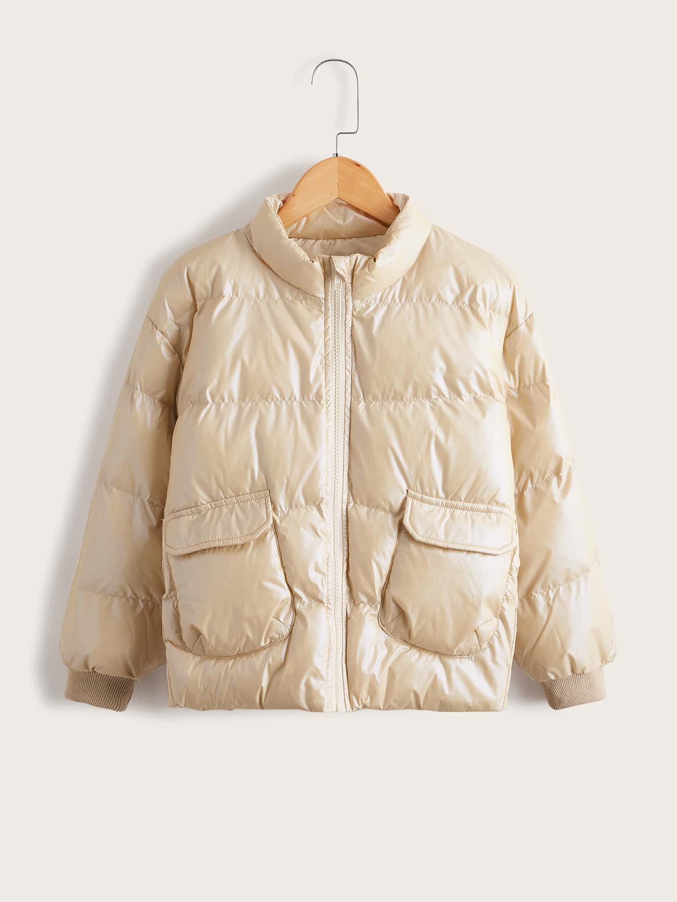 SHEIN Tween Girl Flap Pocket Padded Coat - Apricot - View 1