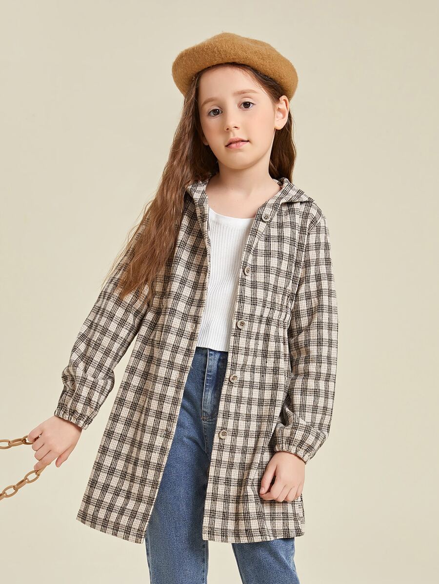SHEIN Girls Plaid Print Hooded Coat - Multicolor - View 1