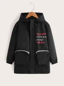 SHEIN Tween Boy Slogan Đồ họa Dây kéo Túi có mũ trùm đầu Áo khoác độn - màu đen - Xem 1