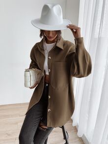 SHEIN LUNE 落肩袖口袋貼布外套 - 棕色 - 查看 5