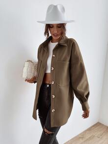SHEIN LUNE 落肩袖口袋貼布外套 - 棕色 - 查看 6