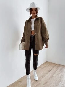 SHEIN LUNE 落肩袖口袋貼布外套 - 棕色 - 查看 7