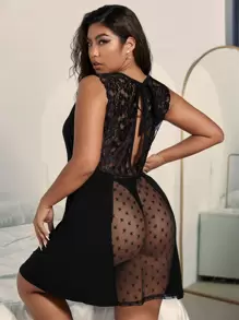 Plus Contrast Lace Star Mesh Insert Tie Back Nightdress - Black - View 1